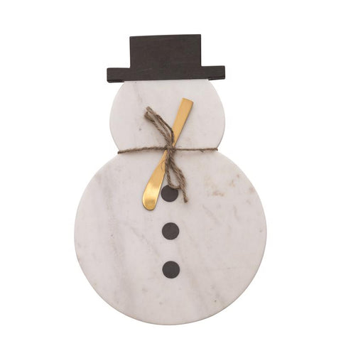 Creative Co-Op White Marble Snowman Cut Board with Knife Table Decor