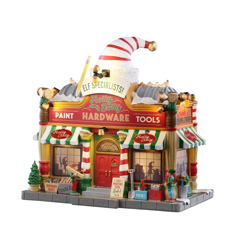 Aldea navideña Lemax LED Holly Jolly Hardware (Paquete de 4)