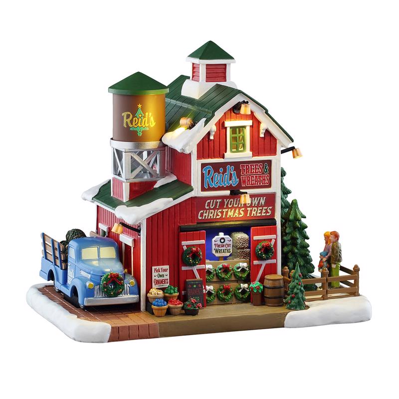 Pueblo navideño Lemax LED con árboles y coronas de Reid (paquete de 4)