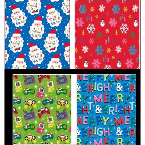 Papel de regalo infantil con imágenes surtidas de Papá Noel/muñeco de nieve/videojuegos/alegría y brillo (paquete de 36)