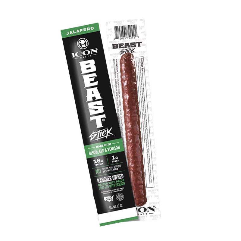 ICON Meats Beast Bison, Elk and Venison Jalapeno Sticks 1.7 oz Pouch (Pack of 16)