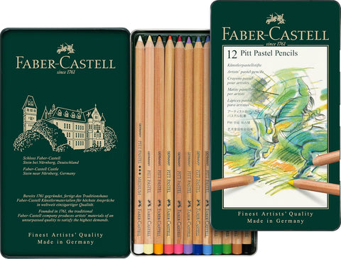 Faber-Castell Pitt Pastel Pencils, 12 Assorted Colors, Metal Tin, Pastel Drawing Pencils for Sketching, Shading, Blending & Detailed Artwork