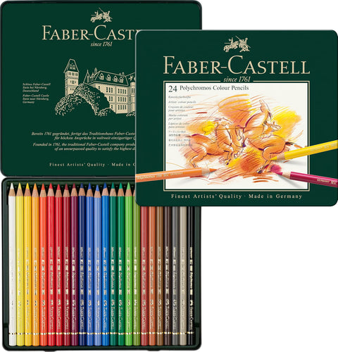 Faber-Castell Polychromos Artists' Color Pencils, 24 Assorted Colors, Metal Tin, Colored Pencil Set for Drawing, Sketching, Illustration & Coloring