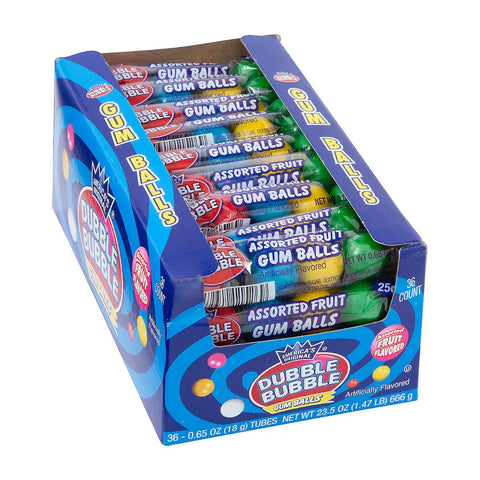 Dubble Bubble Assorted Fruit Gumballs, 36 Count, 0.65 oz Tubes, 23.5 oz Total, Individually Packaged Bubble Gum Candy