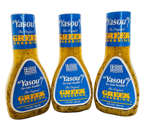 Yasou El aderezo griego original, aderezo para ensalada griega y marinada, botella de 9 oz líquidas (paquete de 3)