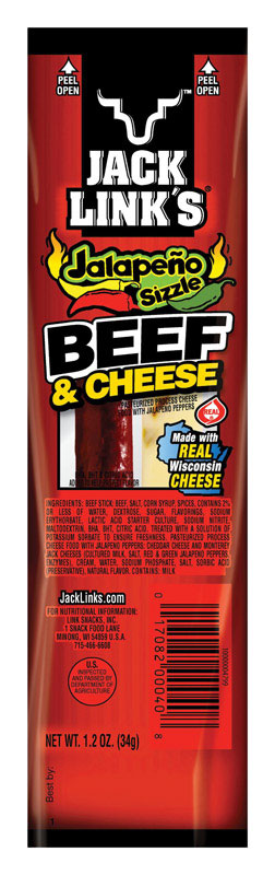 Jack Link's Jalapeno Sizzle Beef Stick and Cheese 1.2 oz Bagged (Pack of 16)