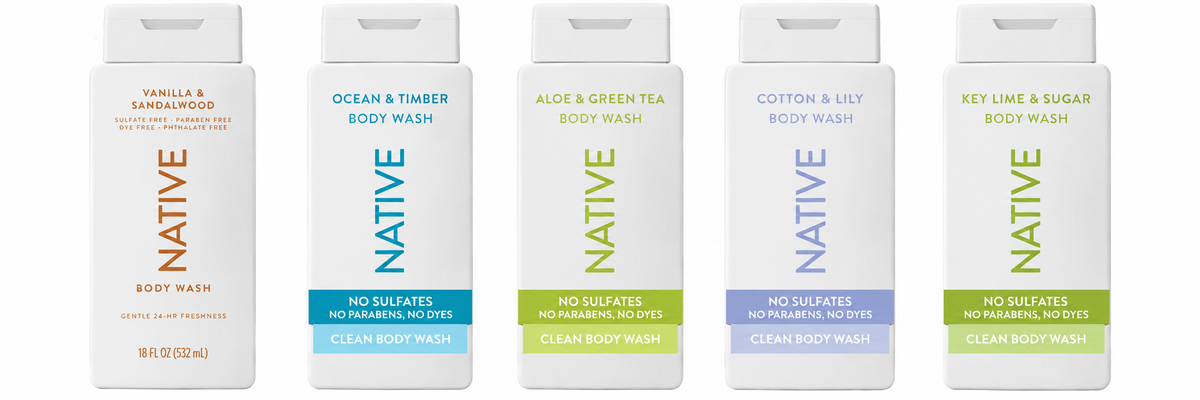 Paquete surtido de geles de baño Native, 18 oz cada uno, 5 unidades, Aloe y té verde, algodón y lirio, lima key y azúcar, océano y madera, vainilla y sándalo