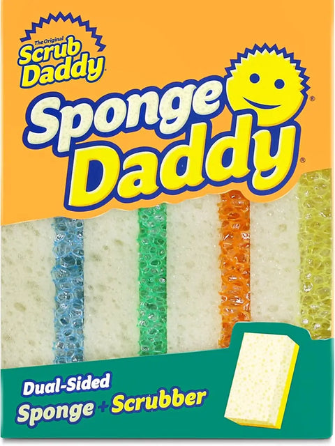 Sponge Daddy, 4 Pack Dual-Sided Kitchen Sponges - Scratch Free & Resists Odors - Absorbent Foam Sponge Plus Durable Scrubber Strip for Washing Dishes, Cookware, Glassware, Stovetops, Bathroom & Household Cleaning