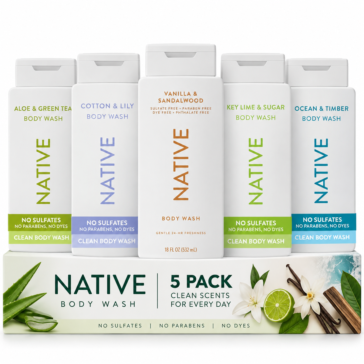 Native Body Wash Variety Pack, 18 oz Each, 5 Count, Aloe & Green Tea, Cotton & Lily, Key Lime & Sugar, Ocean & Timber, Vanilla & Sandalwood