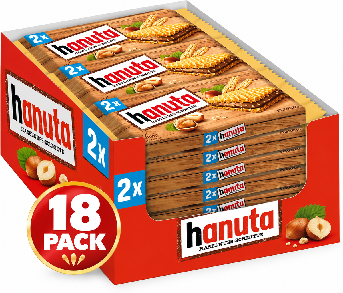 Hanuta Hazelnut Wafers, 44g (1.55 oz) Each, 18 Count, Crispy Wafers with Hazelnut Filling, 792g Total