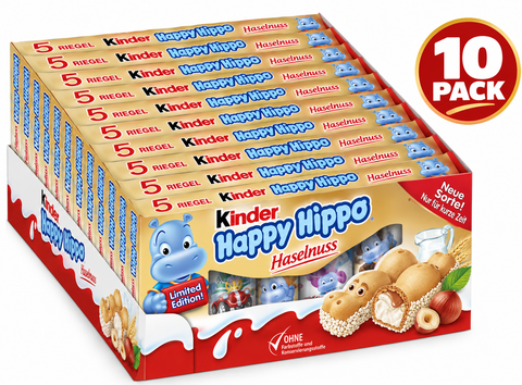 Kinder Happy Hippo Hazelnut, 103.5g (3.65 oz) Box, 10 Pack, Crispy Wafer Cookies with Hazelnut Filling