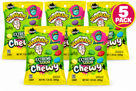 WARHEADS Extreme Sour Chewy Candy, 5 Pack, 7.25 oz Each, Assorted Fruit Flavors, ZHC Collaboration, Sour Chewy Candy