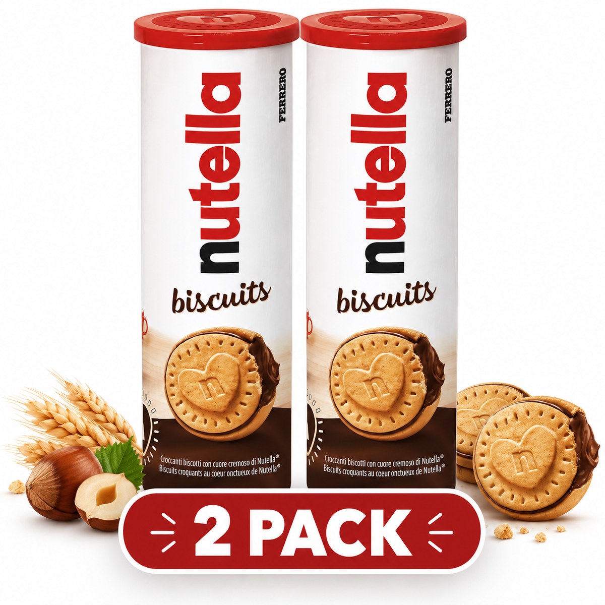 Nutella Biscuits, 166g (5.9 oz) Tube, 2 Pack, Crispy Cookies with Creamy Hazelnut Cocoa Filling, Crunchy Biscuit Snacks