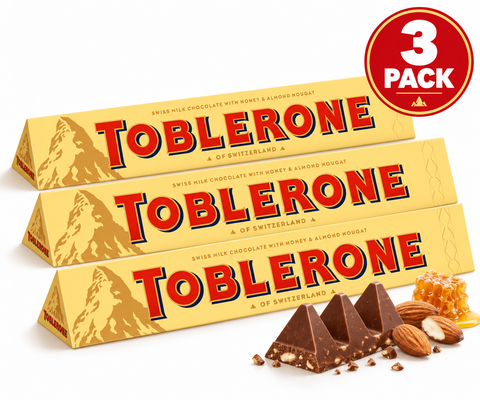 Toblerone Milk Chocolate, 100g (3.52 oz) Bar, 3 Pack, Swiss Milk Chocolate with Honey & Almond Nougat