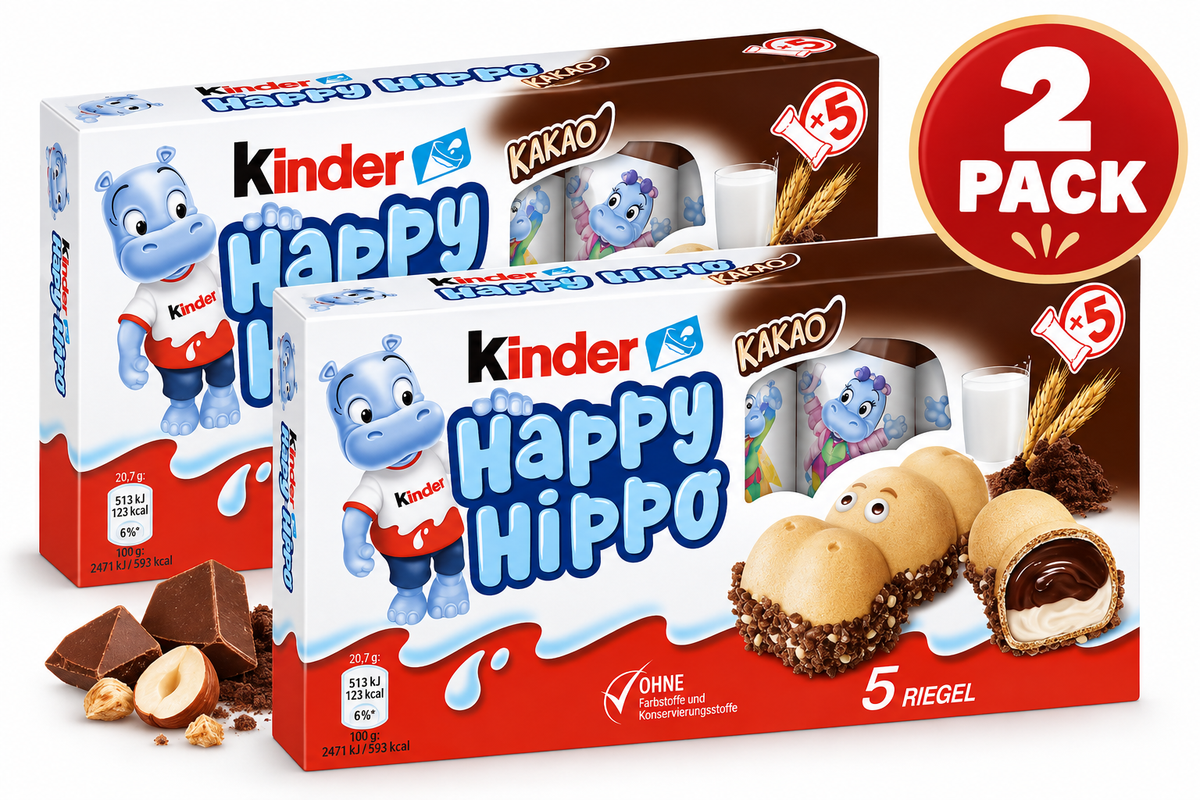 Kinder Happy Hippo Hazelnut, 3.5 oz, 2 Pack, 10 Crispy Wafer Cookies with Creamy Hazelnut Filling