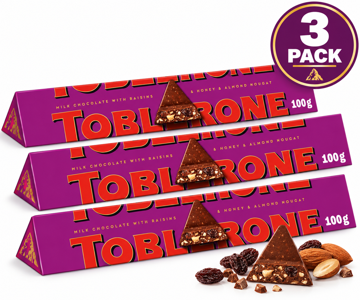 Toblerone Fruit & Nut Milk Chocolate, 100g (3.52 oz) Bar, 3 Pack, Swiss Milk Chocolate with Raisins & Almonds