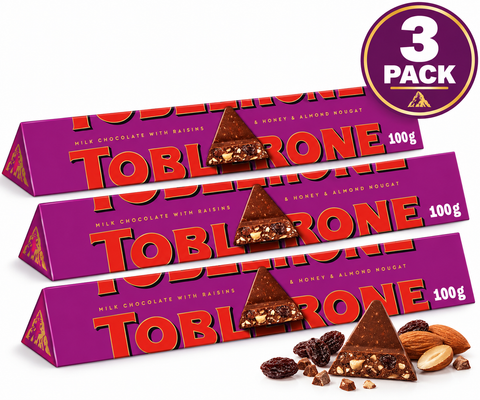 Toblerone Fruit & Nut Milk Chocolate, 100g (3.52 oz) Bar, 3 Pack, Swiss Milk Chocolate with Raisins & Almonds