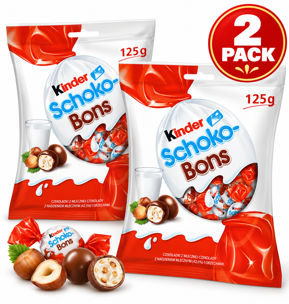 Kinder Schoko-Bons Milk Chocolate Bites with Hazelnut Filling, 4.4 oz (125g) Bags, 2 Pack