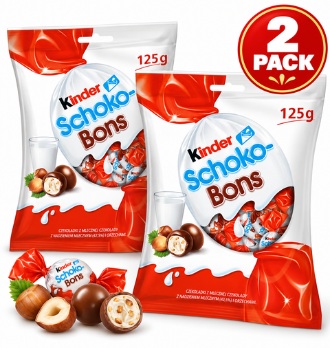 Kinder Schoko-Bons Milk Chocolate Bites with Hazelnut Filling, 4.4 oz (125g) Bags, 2 Pack