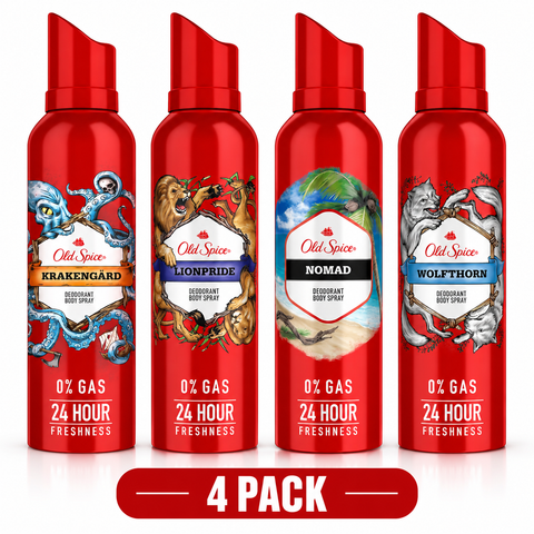 Old Spice Deodorant Body Spray Variety Pack, 4.7 oz Each, 4 Count, Krakengärd, Lionpride, Nomad & Wolfthorn, Men's Body Spray