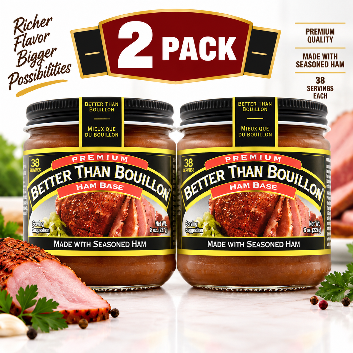 Better Than Bouillon Premium Ham Base, 8 oz, 2 Pack, Makes 38 Cups of Broth, Concentrated Ham Flavor Cooking Base