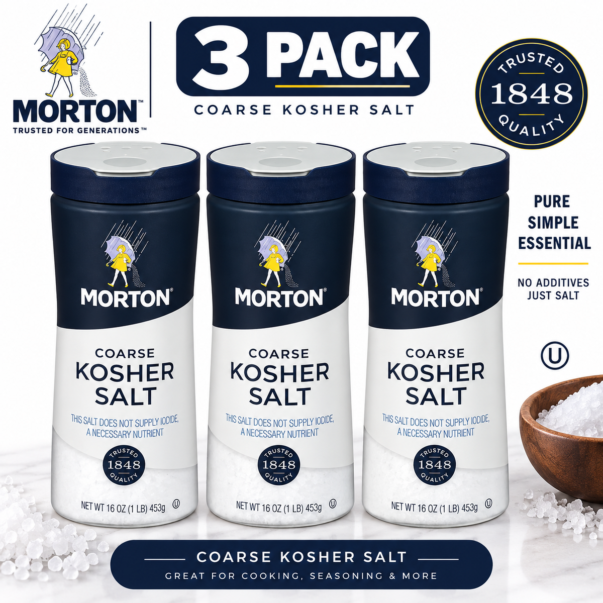 Morton Coarse Kosher Salt, 16 oz, 3 Pack, Coarse Grain Salt for Cooking, Baking & Food Preparation