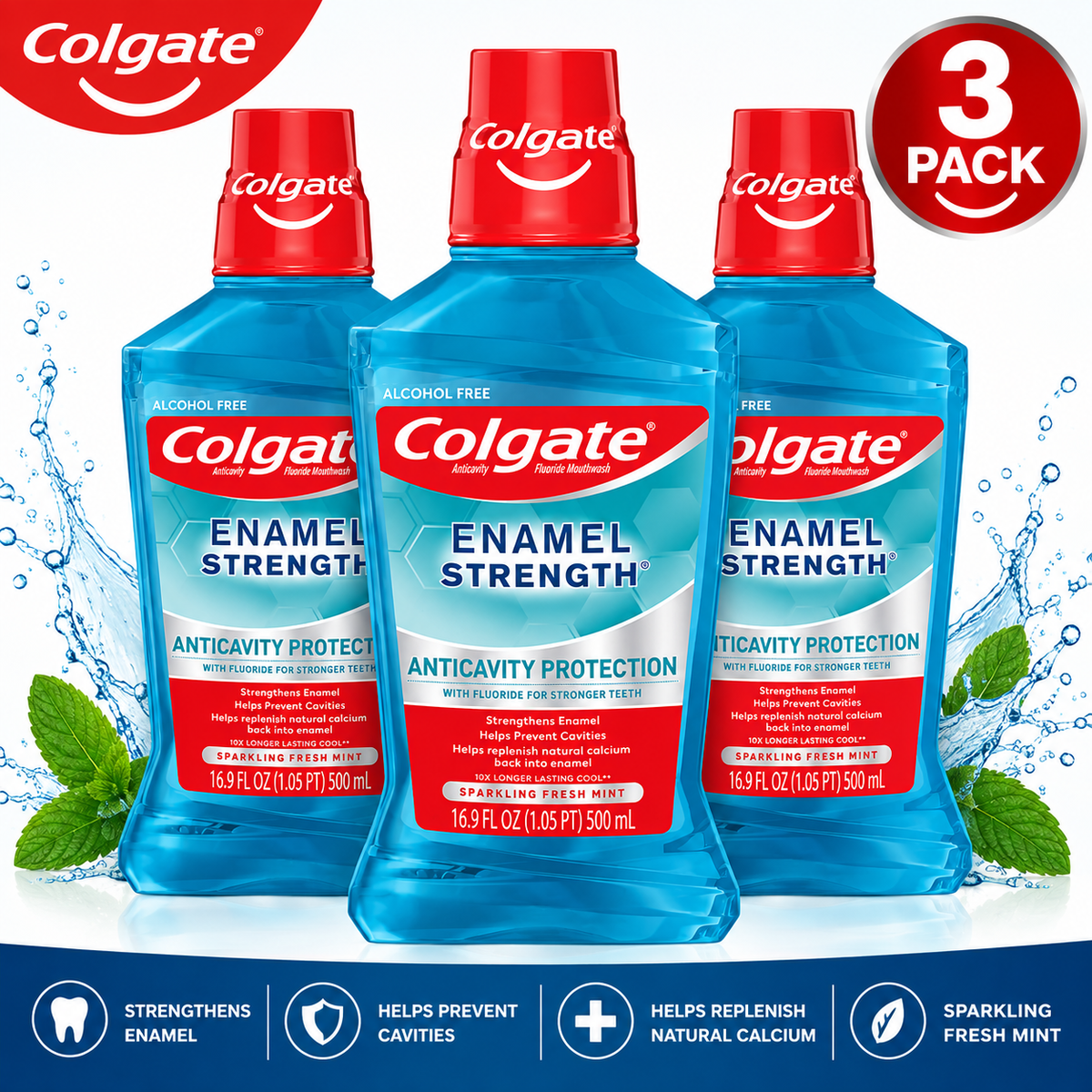 Colgate Enamel Health Mouthwash, Fresh Mint, 16.9 fl oz, 3 Pack, Enamel Care Mouth Rinse for Everyday Oral Care