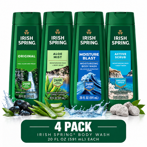 Irish Spring Body Wash Variety Pack, 20 fl oz Each, 4 Count, Original, Aloe Mist, Moisture Blast & Active Scrub