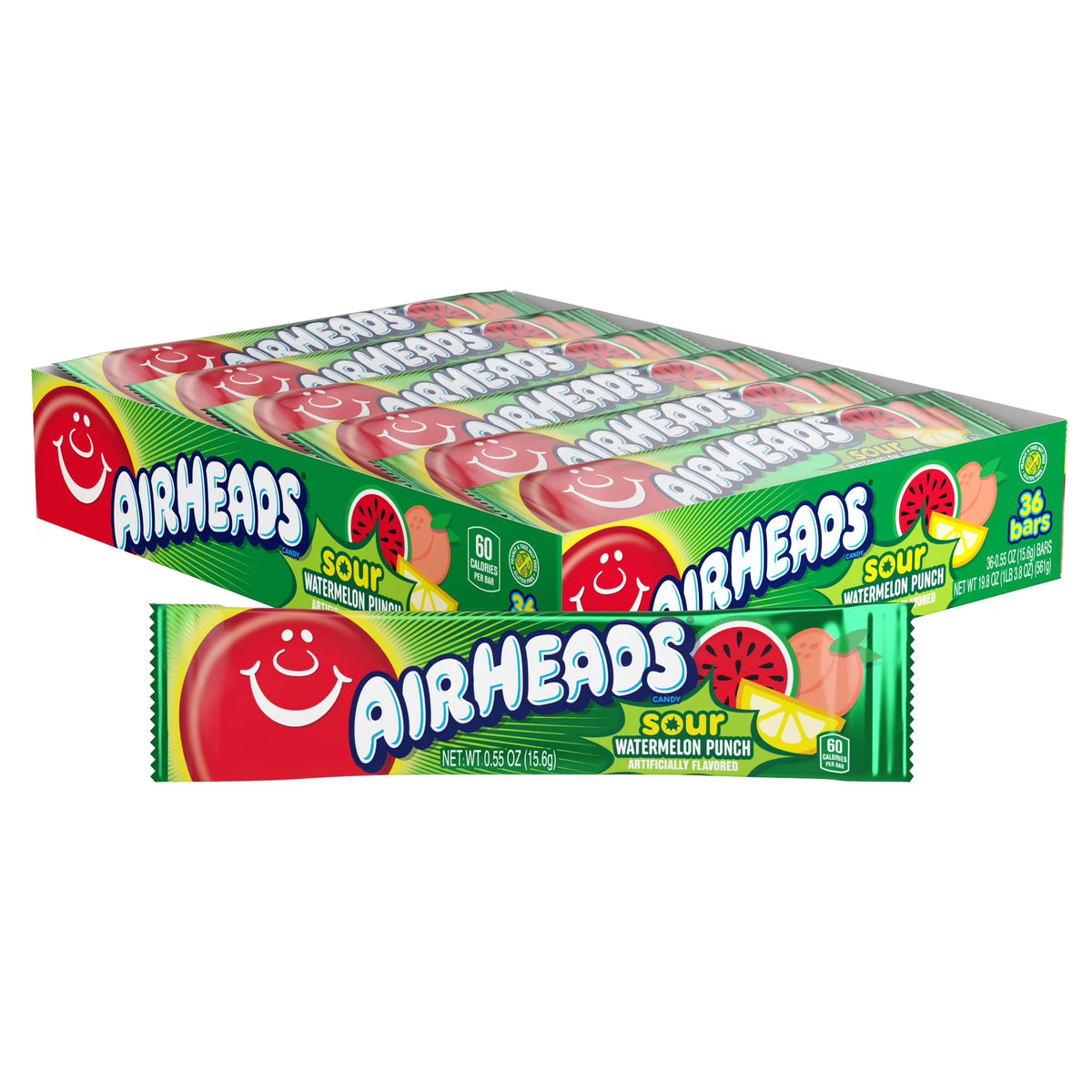 Airheads Candy Bars, 0.55 oz Singles, 36 Count, Assorted Fruit Flavors, Chewy Candy Bars, Bulk Candy