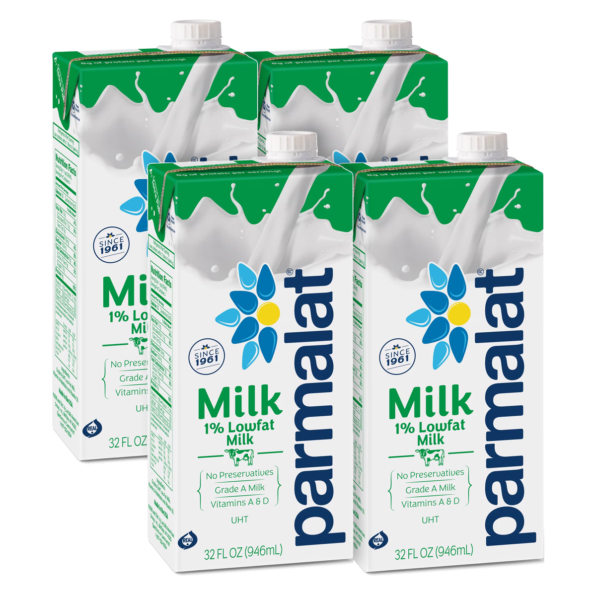 Parmalat 1% Lowfat Milk, Shelf-Stable UHT Milk, No Refrigeration Needed Until Opened, 32 fl oz Carton (Pack of 4)