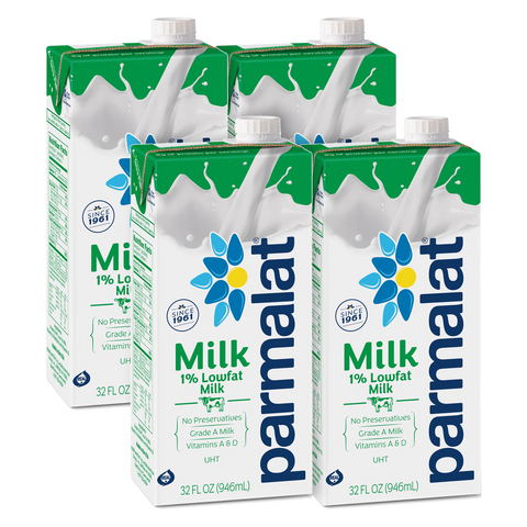 Parmalat 1% Lowfat Milk, Shelf-Stable UHT Milk, No Refrigeration Needed Until Opened, 32 fl oz Carton (Pack of 4)