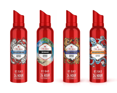Paquete surtido de aerosoles desodorantes corporales Old Spice, 4.7 oz cada uno, 4 unidades, Krakengärd, Lionpride, Nomad y Wolfthorn, aerosol corporal para hombre