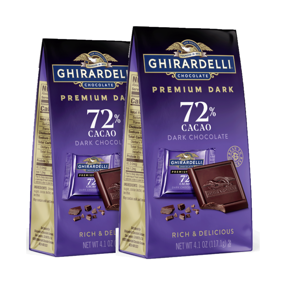 Ghirardelli Premium Dark 72% Cacao Dark Chocolate Squares, Individually Wrapped, Rich & Delicious, 4.1 oz Bag (2 Pack)