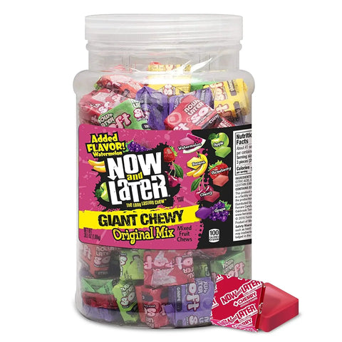 Now and Later Giant Chewy Gummy Candies Snack - 38oz Tub, Sweet Fruit Flavored Assortment (Strawberry, Berry, Banana, Cherry, Watermelon, Grape Pieces of Gummies), 12-Month Shelf Life, 38oz Bottle Option, Snacks