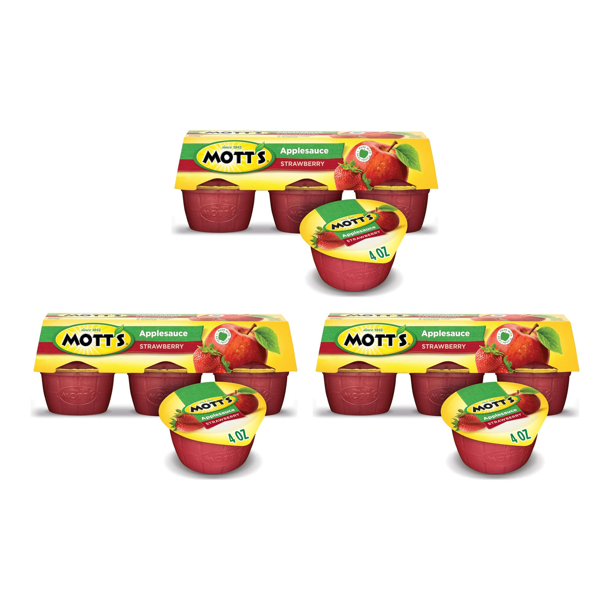 Mott’s Strawberry Applesauce Cups, Made with Real Fruit, Good Source of Vitamin C, No Artificial Flavors, 4 oz Cups, 6 Count (Pack of 3, 18 Cups Total)