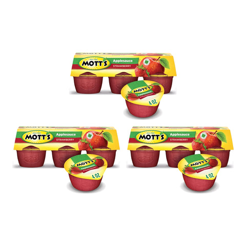 Mott’s Strawberry Applesauce Cups, Made with Real Fruit, Good Source of Vitamin C, No Artificial Flavors, 4 oz Cups, 6 Count (Pack of 3, 18 Cups Total)