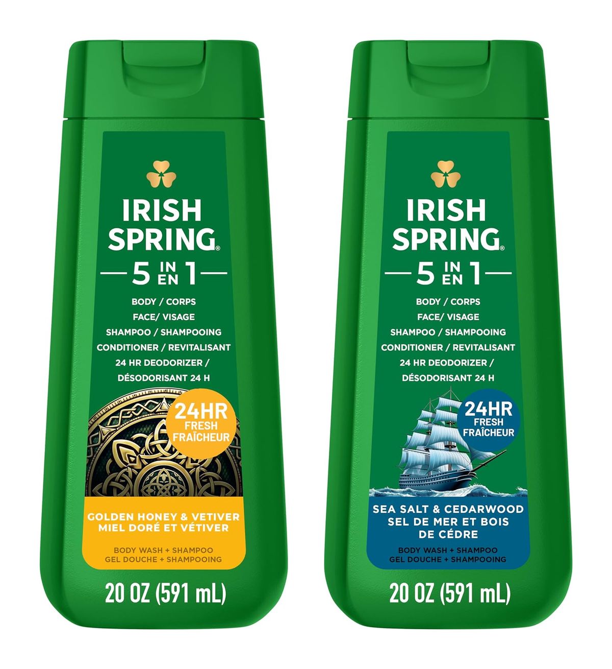 Irish Spring Paquete surtido de gel de baño y champú 5 en 1, 20 oz cada uno, 2 unidades, Sal marina y madera de cedro y Miel dorada y vetiver