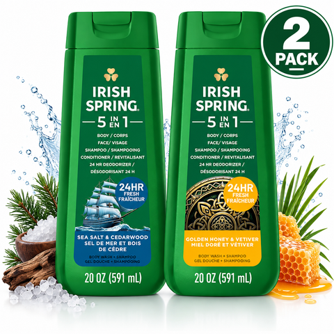 Irish Spring 5-in-1 Body Wash & Shampoo Variety Pack, 20 oz Each, 2 Count, Sea Salt & Cedarwood and Golden Honey & Vetiver