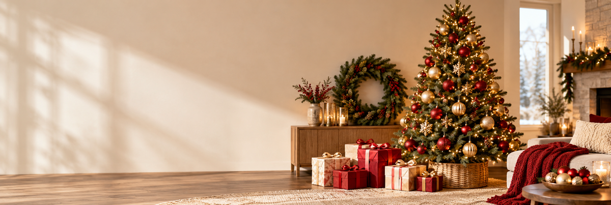 Árbol de Navidad decorado con regalos envueltos y corona