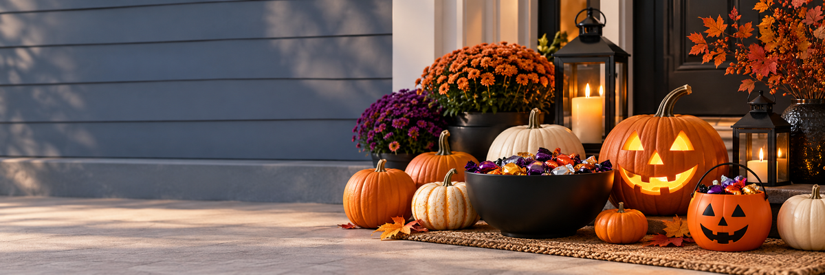 Porche de Halloween con calabazas, una calabaza tallada y dulces