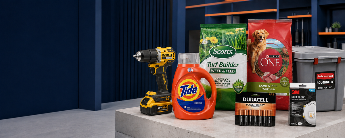 DEWALT, Tide, Scotts, Purina, Rubbermaid, Duracell, and 3M top brand products